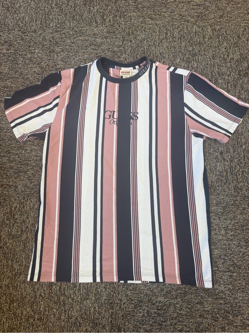 GUESS Men's Vertical Stripe Tee in Pink, Navy & White Size Medium